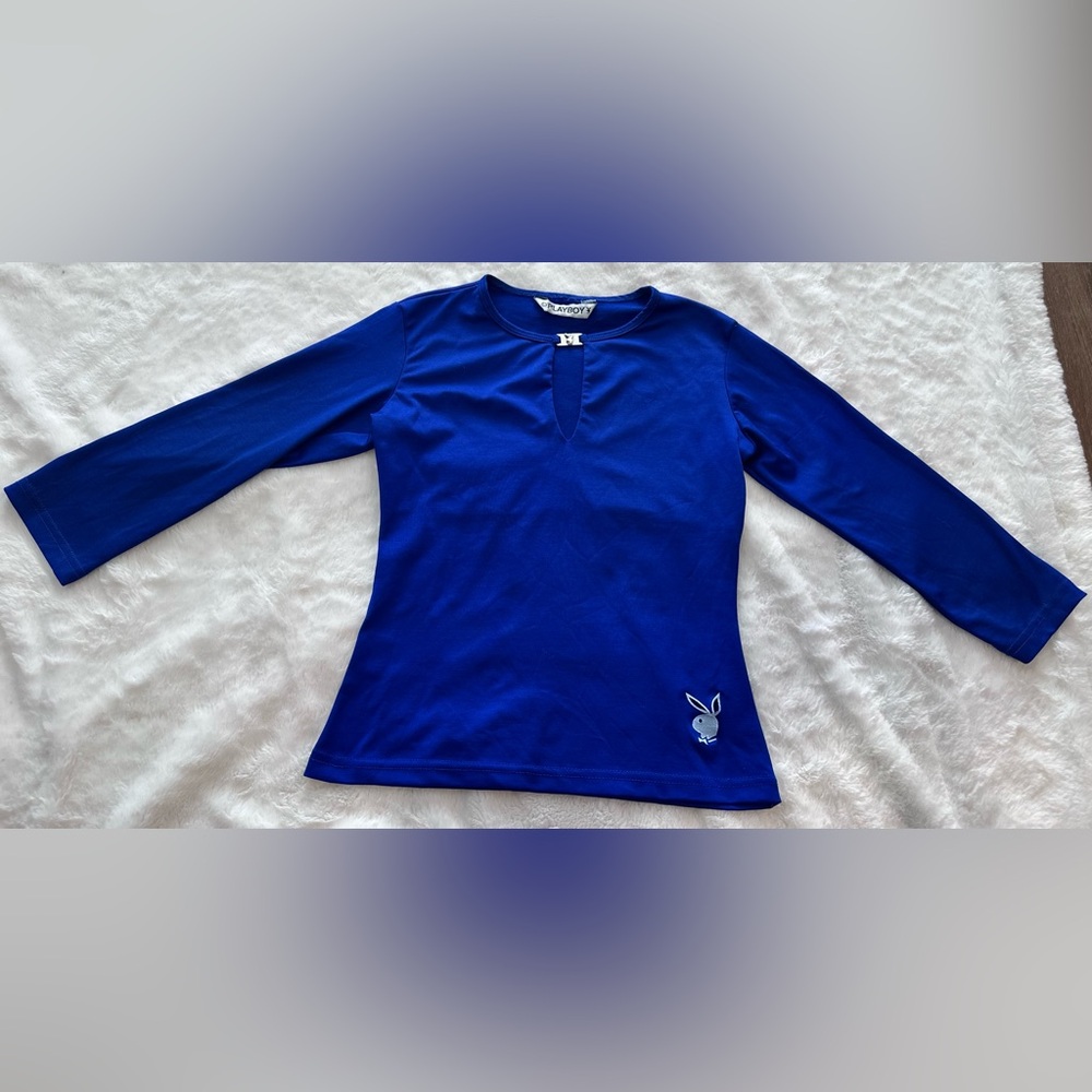 Vintage Playboy Blue 3/4 Long Sleeve Keyhole Neck Logo Top Women's Size Large L